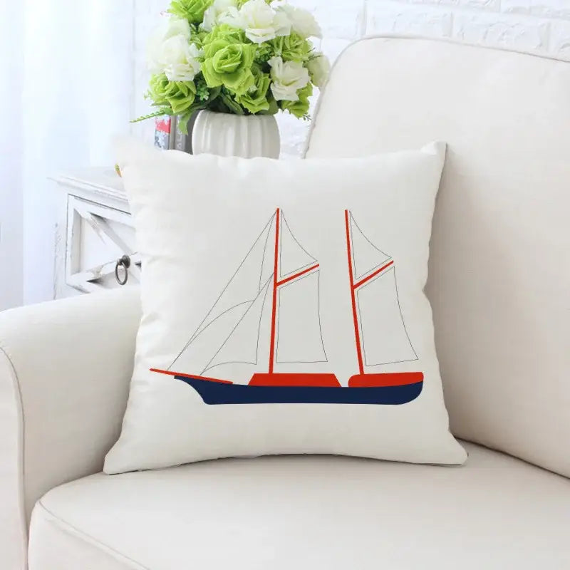 White decorative pillowcase with stylized red sailboat and navy hull cactus hand painting for living room sofa decorbites cactus hand