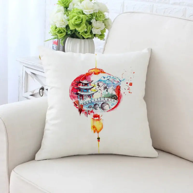 White square decorative pillowcase with vibrant cactus hand painting of asian lantern and traditional architecture for sofa decorbites cactus hand