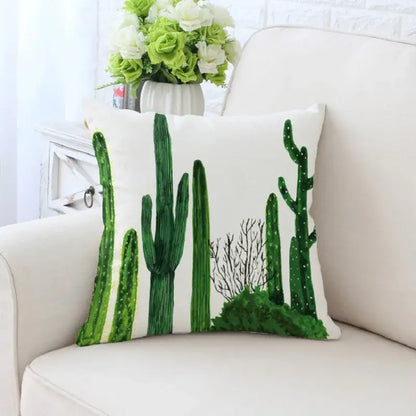 White decorative pillowcase with vibrant green cactus hand painting and black outlines for living room decorbites cactus hand