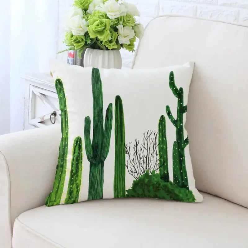 White decorative pillowcase with vibrant green cactus hand painting and black outlines for living room decorbites cactus hand