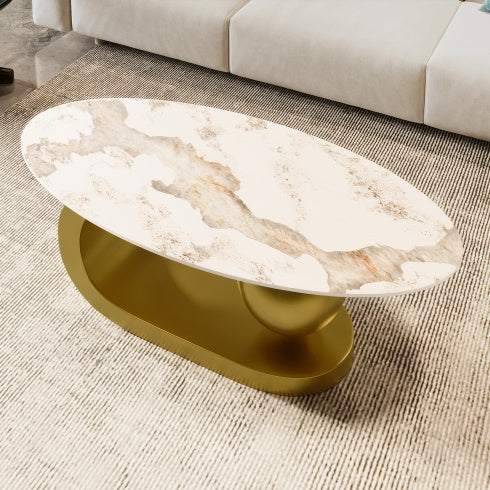 Mesa de Centro Oval Moderna para Sala de Estar, Encimera de Mesa de Centro de Piedra Sinterizada con Patrón de Mármol y Base de Acero Inoxidable Dorado en 47.2