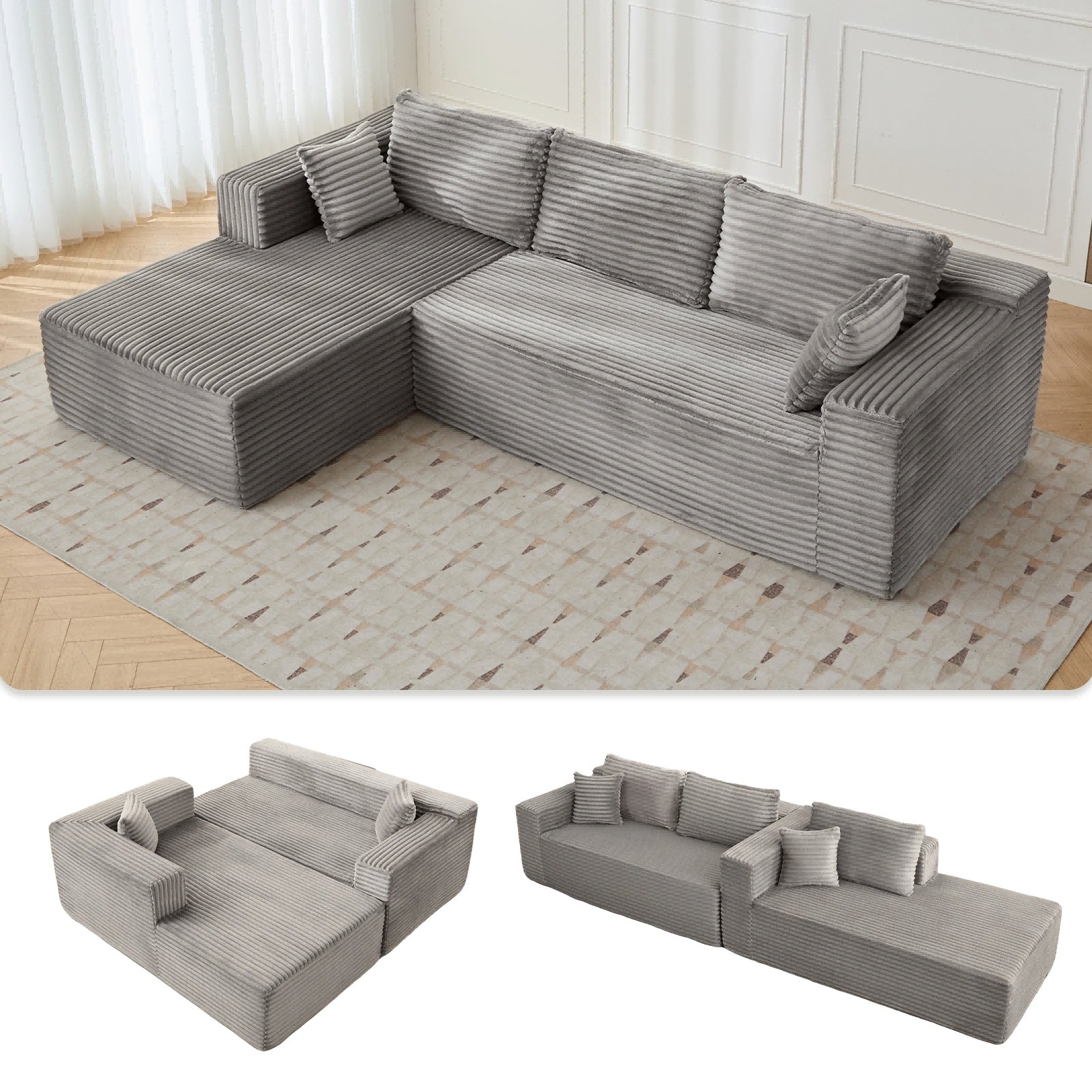 Sofá Cama de Compresión en Forma de L con Tela de Corduroy - Sofá Seccional Convertible, Sofá de Suelo Plegable para Dormir, Sala de Estar Ahorraespacio Similar al Franela para Apartamentos Pequeños, Sala de Estar y Sala de Juegos NO TUME