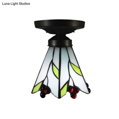 Cafe Leaf and Flower Stained Glass Ceiling Mount Light - Tiffany Rustic White Fixture