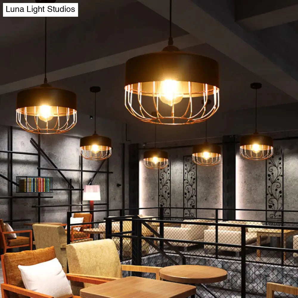 Cage Restaurant Ceiling Light - Warehouse-Style Black Iron Suspension Lighting