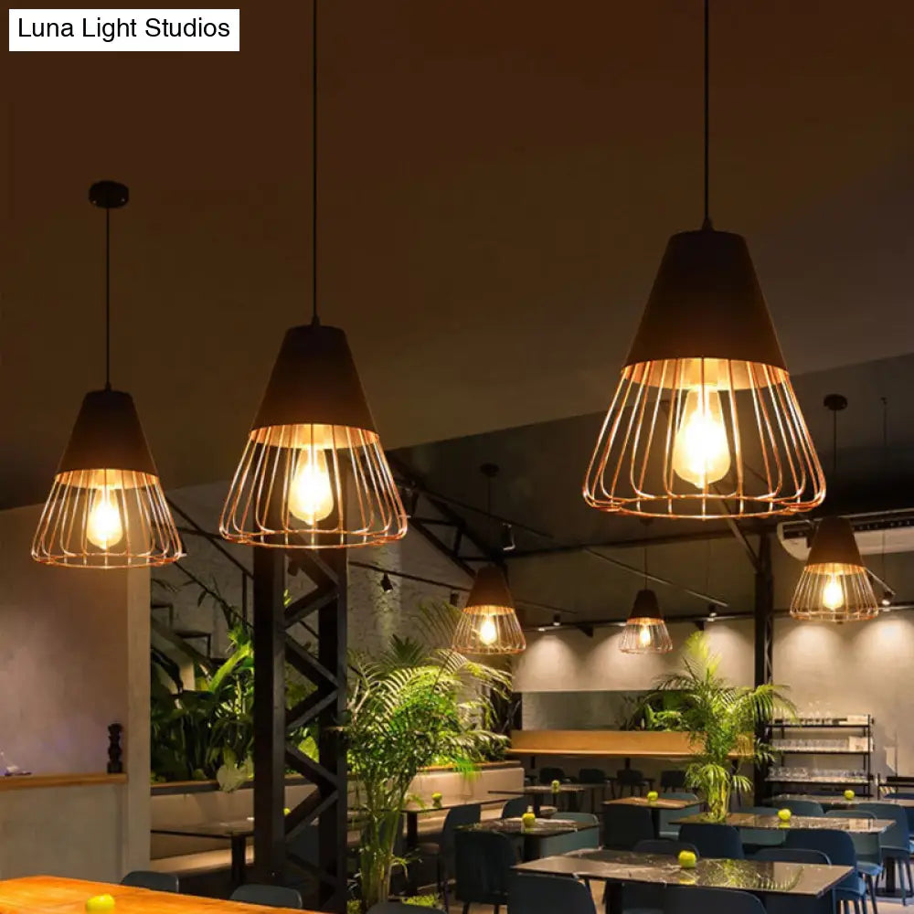 Cage Restaurant Ceiling Light - Warehouse-Style Black Iron Suspension Lighting