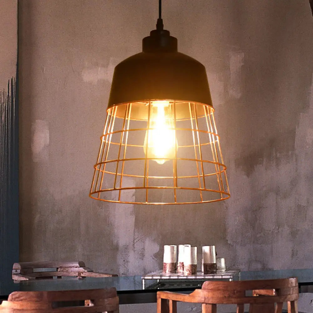 Cage Restaurant Ceiling Light - Warehouse-Style Black Iron Suspension Lighting