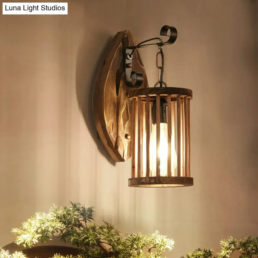 DecorBites™ DecorBites™ Cage Sconce Industrial 1 Light Wood Lodge Wall Light for Coffee Shop