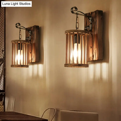 DecorBites™ DecorBites™ Cage Sconce Industrial 1 Light Wood Lodge Wall Light for Coffee Shop