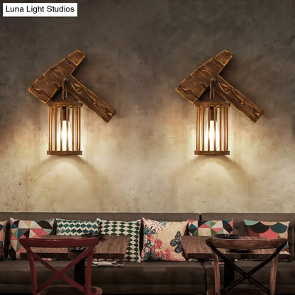 DecorBites™ DecorBites™ Cage Sconce Industrial 1 Light Wood Lodge Wall Light for Coffee Shop