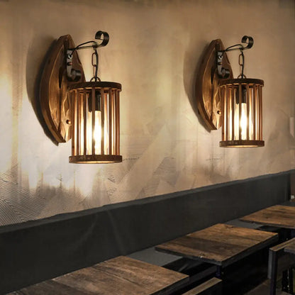 DecorBites™ DecorBites™ Cage Sconce Industrial 1 Light Wood Lodge Wall Light for Coffee Shop