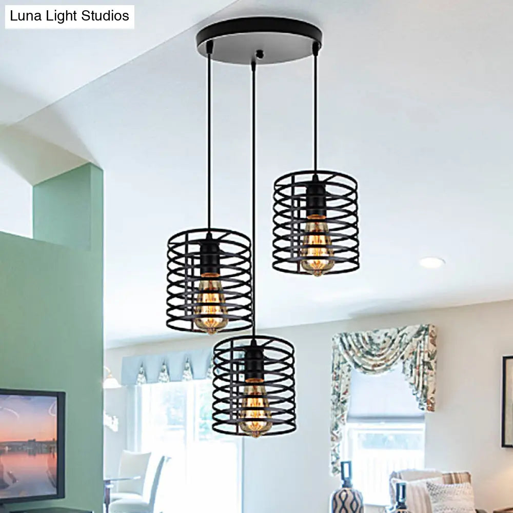 Cage Shade Industrial Hanging Light with 3 Bulbs - Cylindrical Metallic Lamp for Dining Room in Black