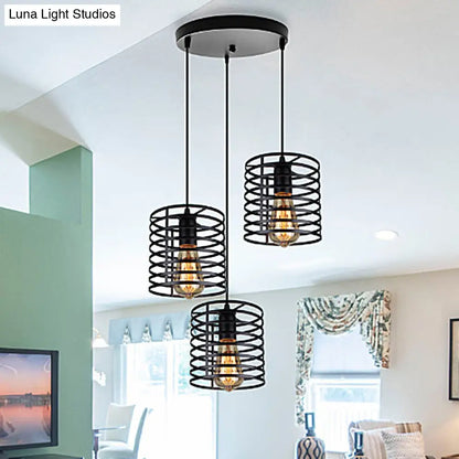 Cage Shade Industrial Hanging Light with 3 Bulbs - Cylindrical Metallic Lamp for Dining Room in Black