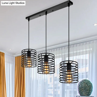 Cage Shade Industrial Hanging Light with 3 Bulbs - Cylindrical Metallic Lamp for Dining Room in Black