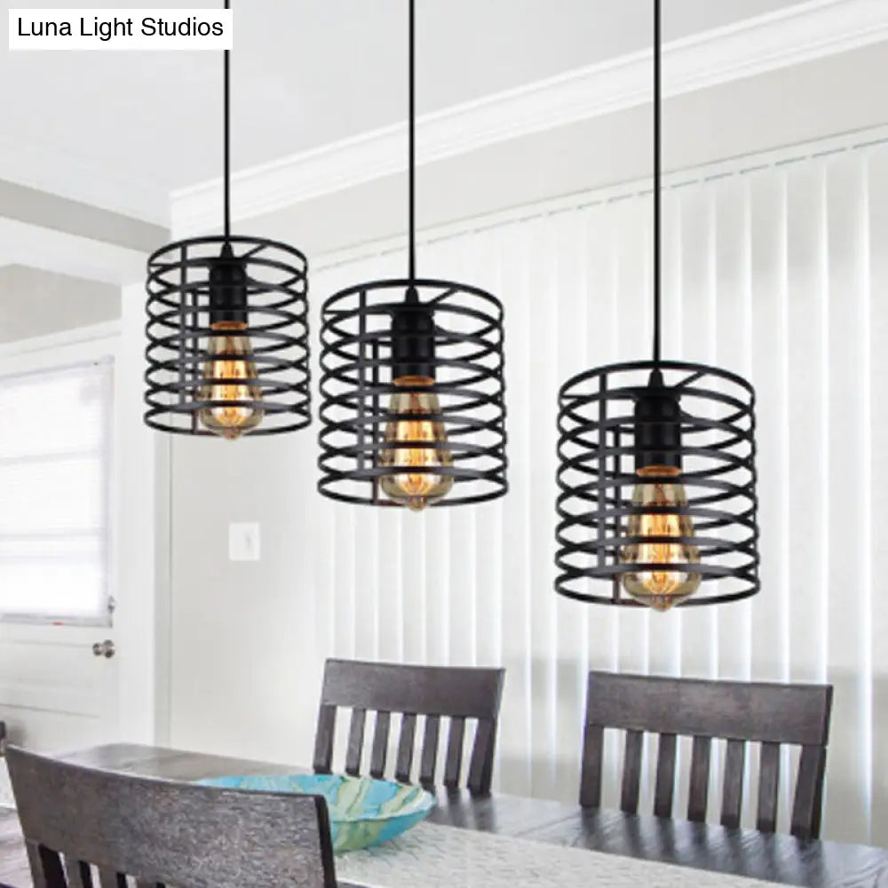 Cage Shade Industrial Hanging Light with 3 Bulbs - Cylindrical Metallic Lamp for Dining Room in Black