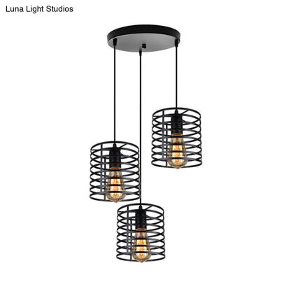 Cage Shade Industrial Hanging Light with 3 Bulbs - Cylindrical Metallic Lamp for Dining Room in Black