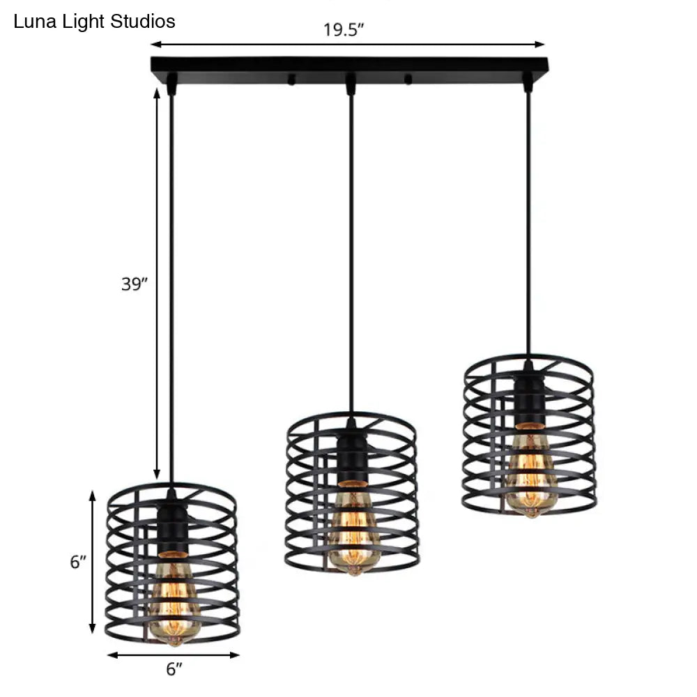 Cage Shade Industrial Hanging Light with 3 Bulbs - Cylindrical Metallic Lamp for Dining Room in Black