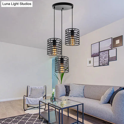 Cage Shade Industrial Hanging Light with 3 Bulbs - Cylindrical Metallic Lamp for Dining Room in Black