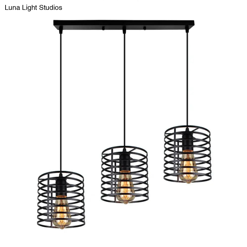 Cage Shade Industrial Hanging Light with 3 Bulbs - Cylindrical Metallic Lamp for Dining Room in Black