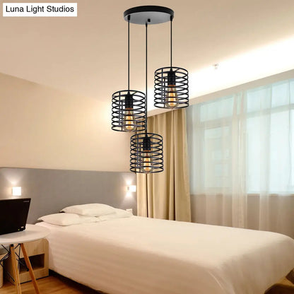 Cage Shade Industrial Hanging Light with 3 Bulbs - Cylindrical Metallic Lamp for Dining Room in Black