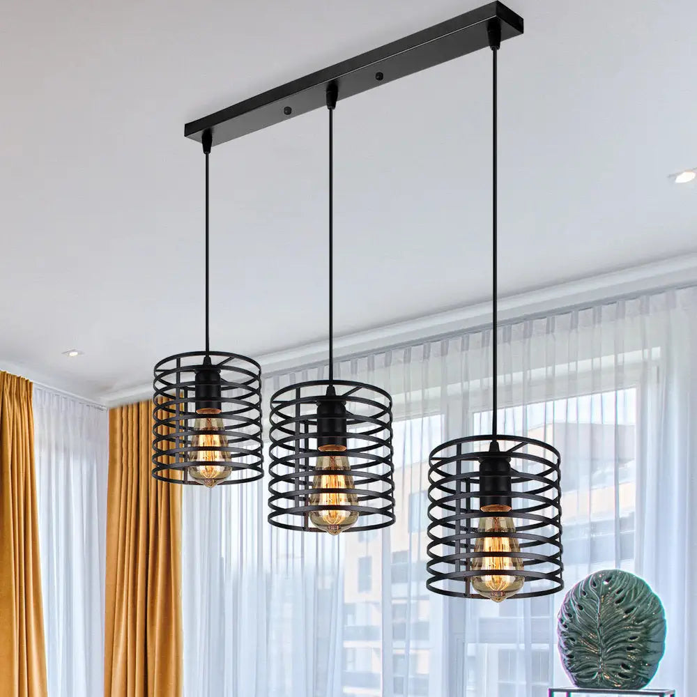 Cage Shade Industrial Hanging Light with 3 Bulbs - Cylindrical Metallic Lamp for Dining Room in Black