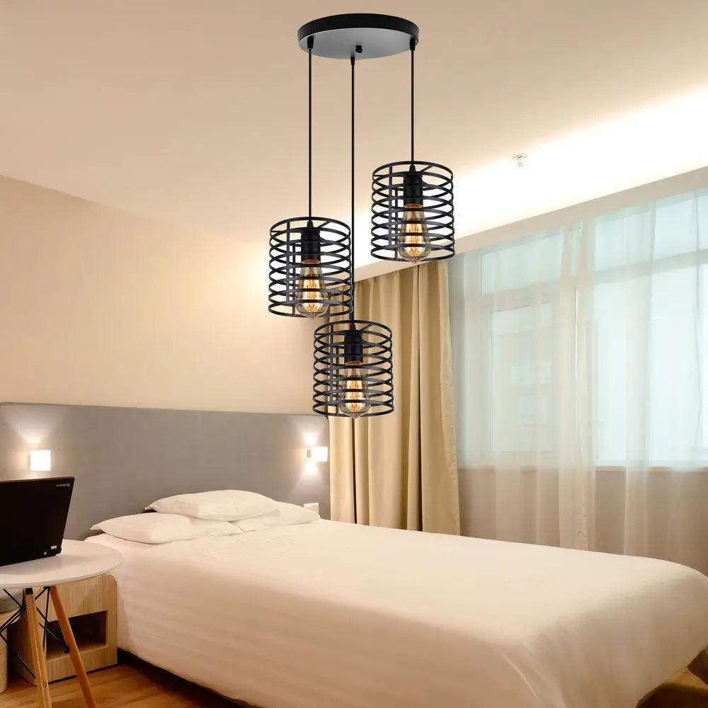 Cage Shade Industrial Hanging Light with 3 Bulbs - Cylindrical Metallic Lamp for Dining Room in Black