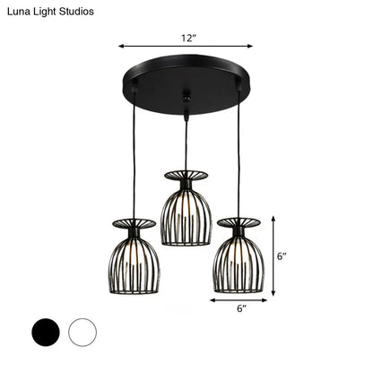 Cage Shade Pendant Light Fixture - Wine Glass & Metal Industrial Ceiling Light for Dining Room (Black/White, 3 Lights)