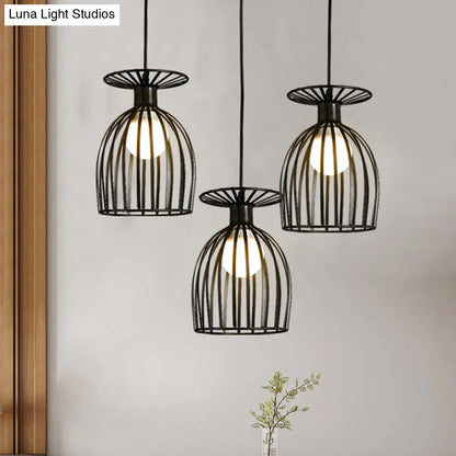 Cage Shade Pendant Light Fixture - Wine Glass & Metal Industrial Ceiling Light for Dining Room (Black/White, 3 Lights)