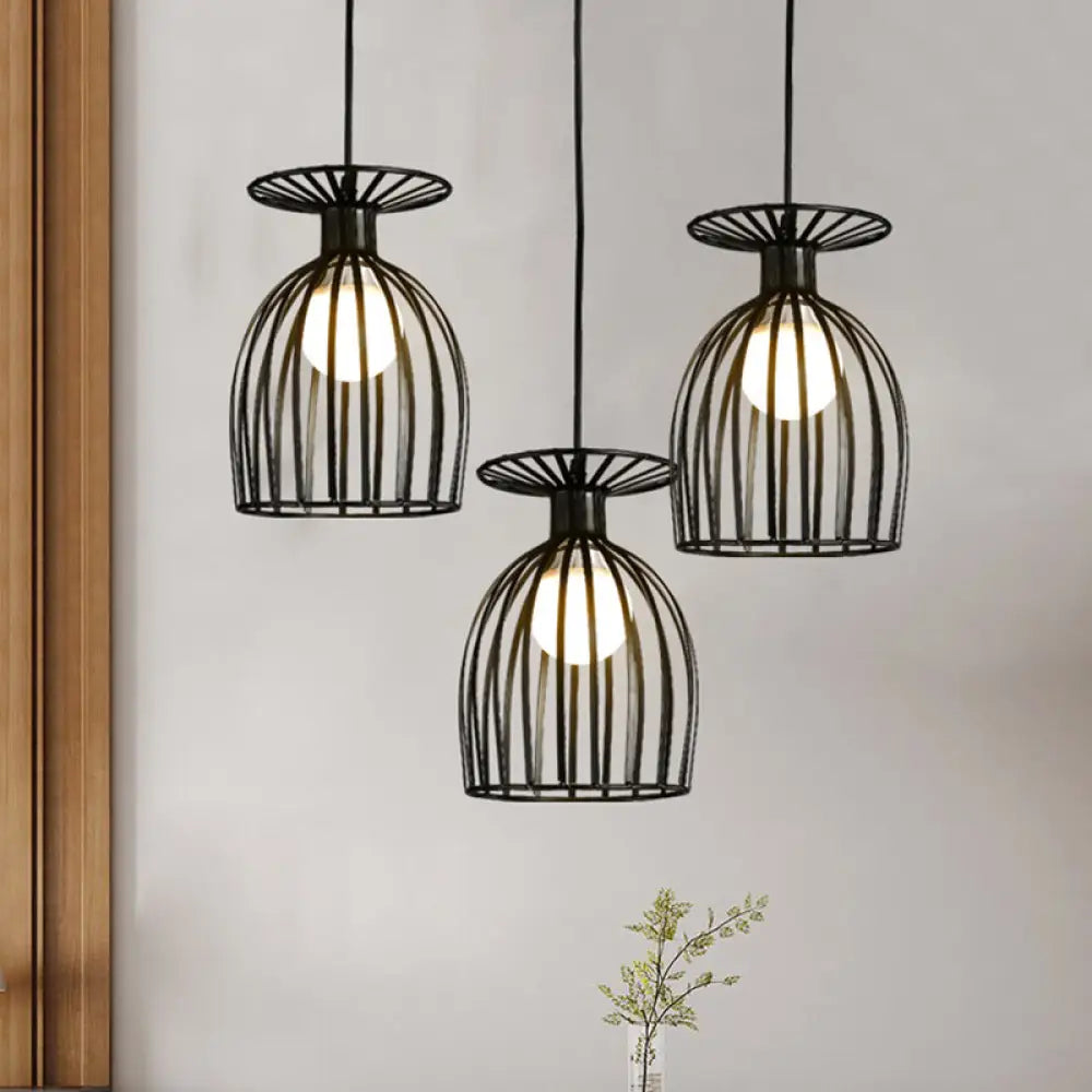 Cage Shade Pendant Light Fixture - Wine Glass & Metal Industrial Ceiling Light for Dining Room (Black/White, 3 Lights)