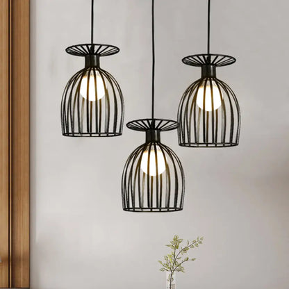 Cage Shade Pendant Light Fixture - Wine Glass & Metal Industrial Ceiling Light for Dining Room (Black/White, 3 Lights)