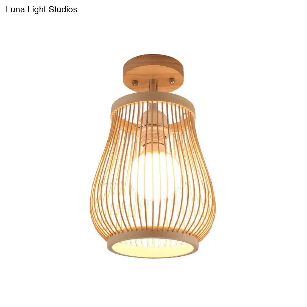 DecorBites™ DecorBites™ Cage Style Asian Bamboo Ceiling Light - Wood Semi Flush Single-Bulb Aisle Mounted