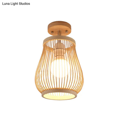 DecorBites™ DecorBites™ Cage Style Asian Bamboo Ceiling Light - Wood Semi Flush Single-Bulb Aisle Mounted