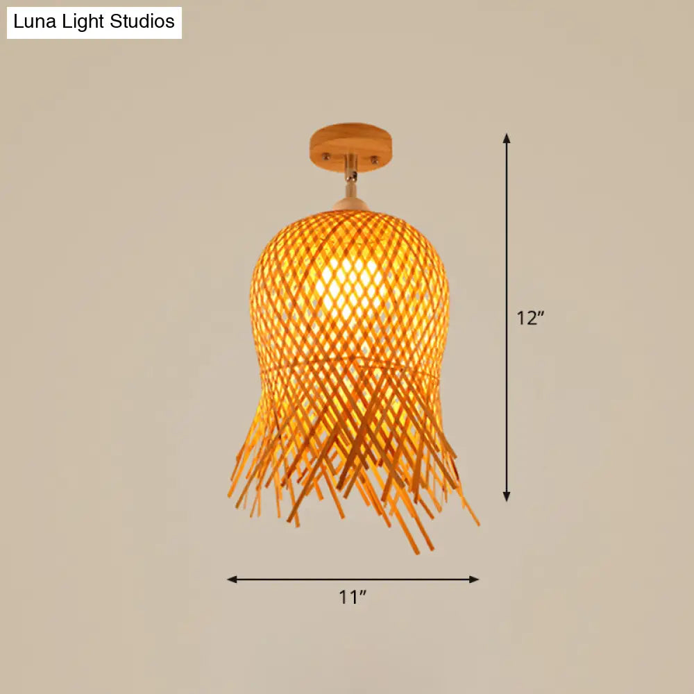 DecorBites™ DecorBites™ Cage Style Asian Bamboo Ceiling Light - Wood Semi Flush Single-Bulb Aisle Mounted