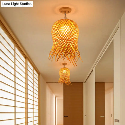 DecorBites™ DecorBites™ Cage Style Asian Bamboo Ceiling Light - Wood Semi Flush Single-Bulb Aisle Mounted