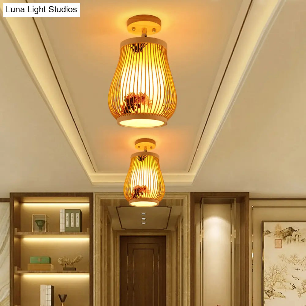 DecorBites™ DecorBites™ Cage Style Asian Bamboo Ceiling Light - Wood Semi Flush Single-Bulb Aisle Mounted