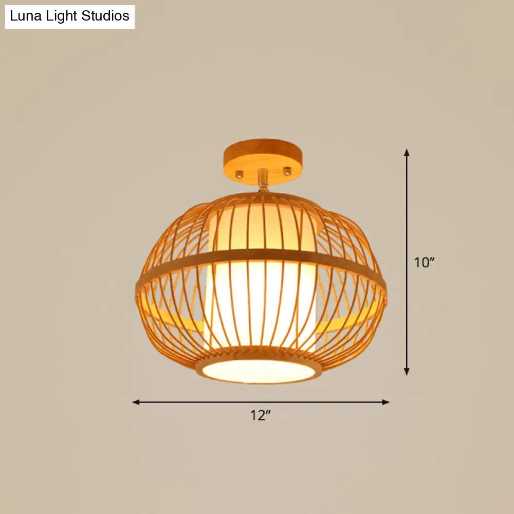 DecorBites™ DecorBites™ Cage Style Asian Bamboo Ceiling Light - Wood Semi Flush Single-Bulb Aisle Mounted