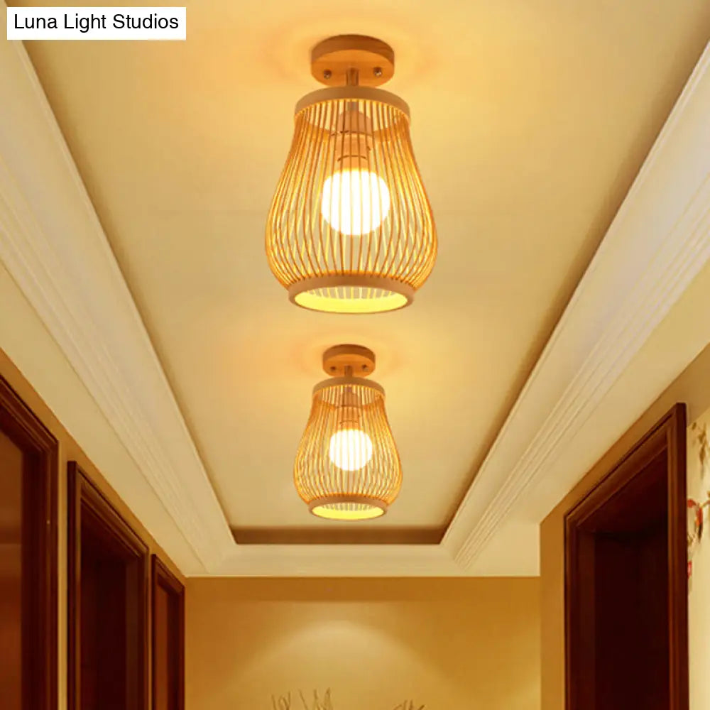DecorBites™ DecorBites™ Cage Style Asian Bamboo Ceiling Light - Wood Semi Flush Single-Bulb Aisle Mounted