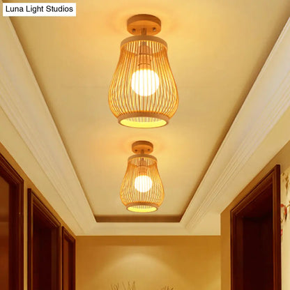 DecorBites™ DecorBites™ Cage Style Asian Bamboo Ceiling Light - Wood Semi Flush Single-Bulb Aisle Mounted