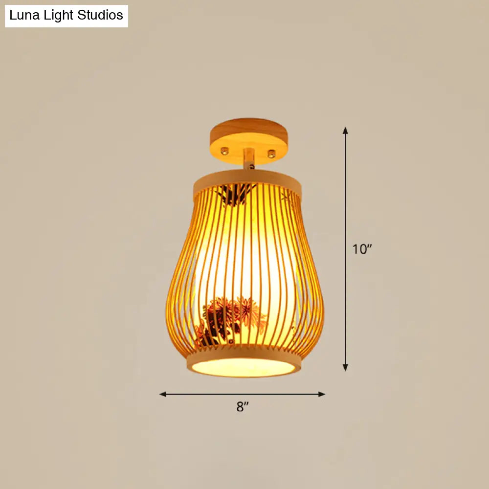 DecorBites™ DecorBites™ Cage Style Asian Bamboo Ceiling Light - Wood Semi Flush Single-Bulb Aisle Mounted