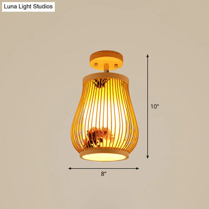 DecorBites™ DecorBites™ Cage Style Asian Bamboo Ceiling Light - Wood Semi Flush Single-Bulb Aisle Mounted
