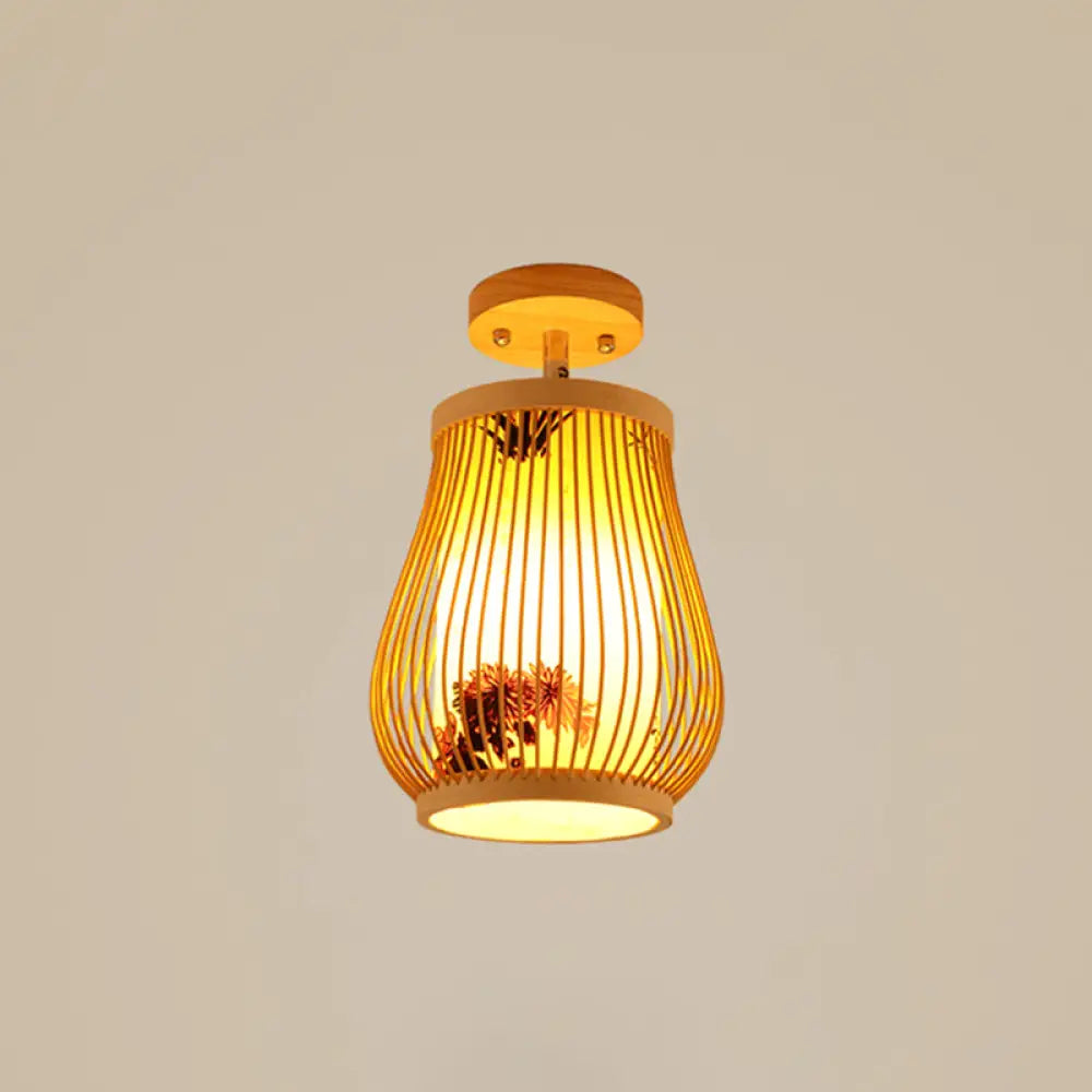 DecorBites™ DecorBites™ Cage Style Asian Bamboo Ceiling Light - Wood Semi Flush Single-Bulb Aisle Mounted