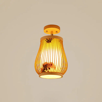 DecorBites™ DecorBites™ Cage Style Asian Bamboo Ceiling Light - Wood Semi Flush Single-Bulb Aisle Mounted