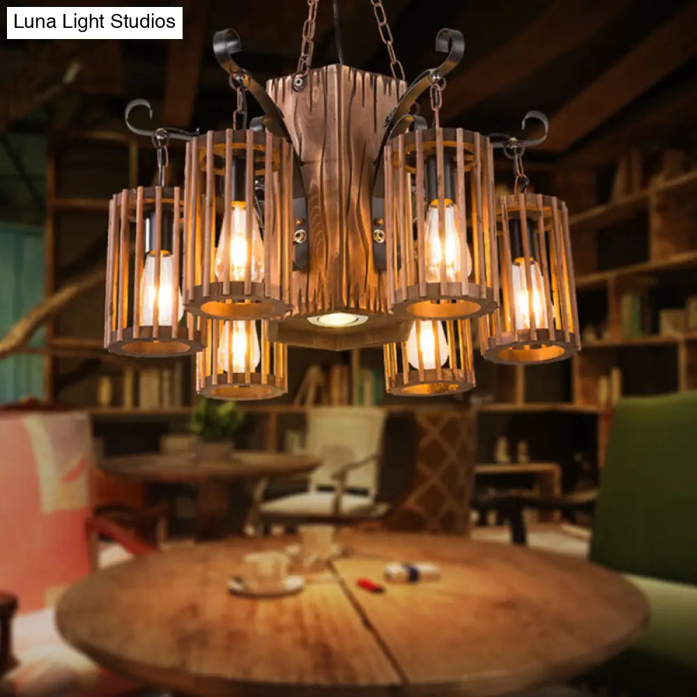 Cage Style Industrial Chandelier: Wooden Brown and Black Suspension Light for Living Room