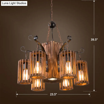 Cage Style Industrial Chandelier: Wooden Brown and Black Suspension Light for Living Room