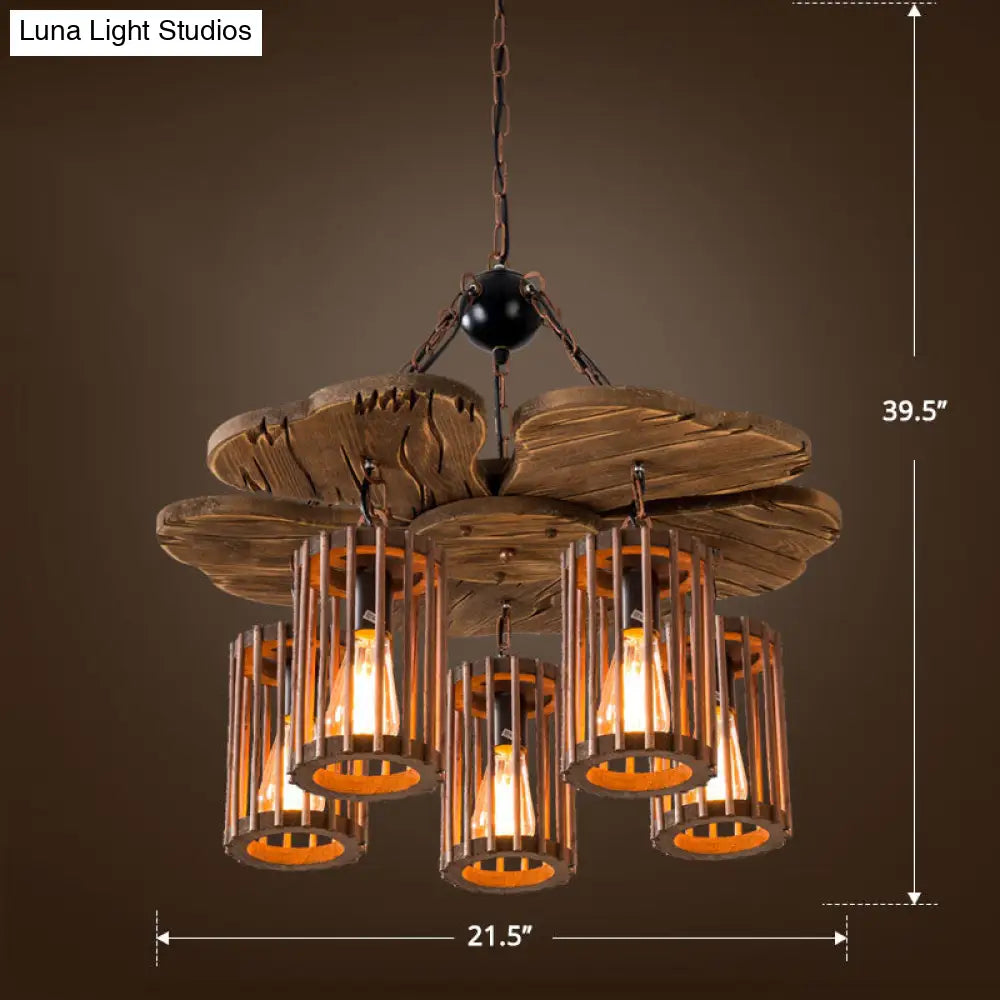 Cage Style Industrial Chandelier: Wooden Brown and Black Suspension Light for Living Room