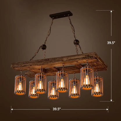 Cage Style Industrial Chandelier: Wooden Brown and Black Suspension Light for Living Room