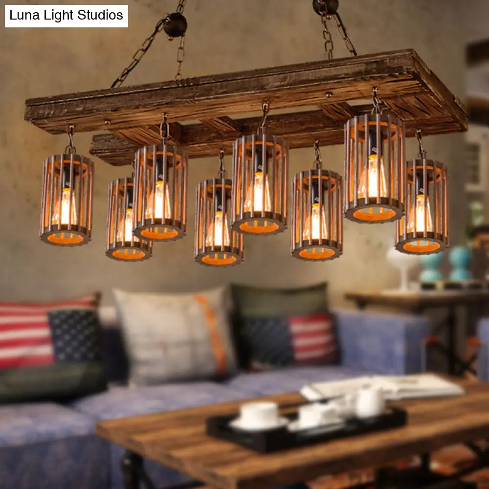 Cage Style Industrial Chandelier: Wooden Brown and Black Suspension Light for Living Room