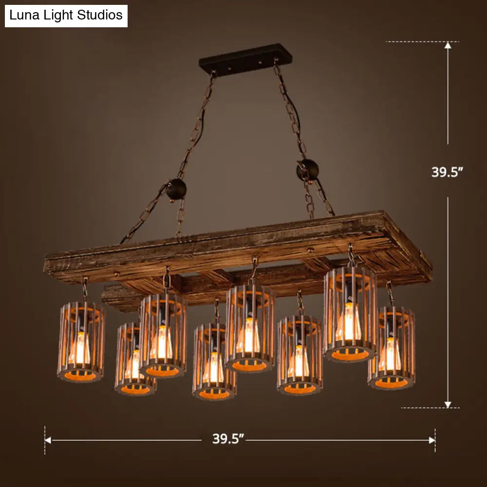 Cage Style Industrial Chandelier: Wooden Brown and Black Suspension Light for Living Room