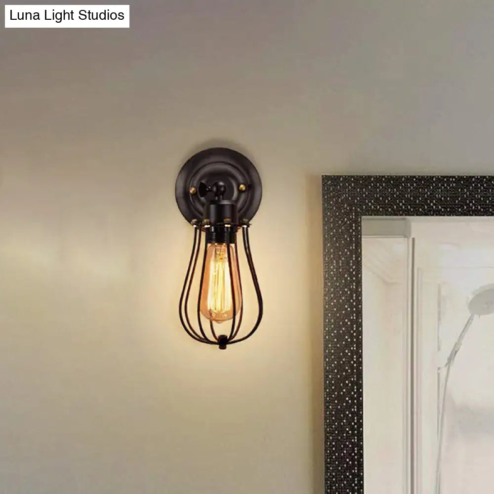 Caged Metal Wall Lamp Set - Industrial Style Bedroom Light with Bulb Shape, 1-Count