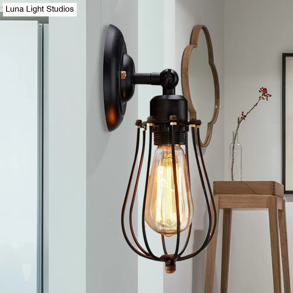 Caged Metal Wall Lamp Set - Industrial Style Bedroom Light with Bulb Shape, 1-Count