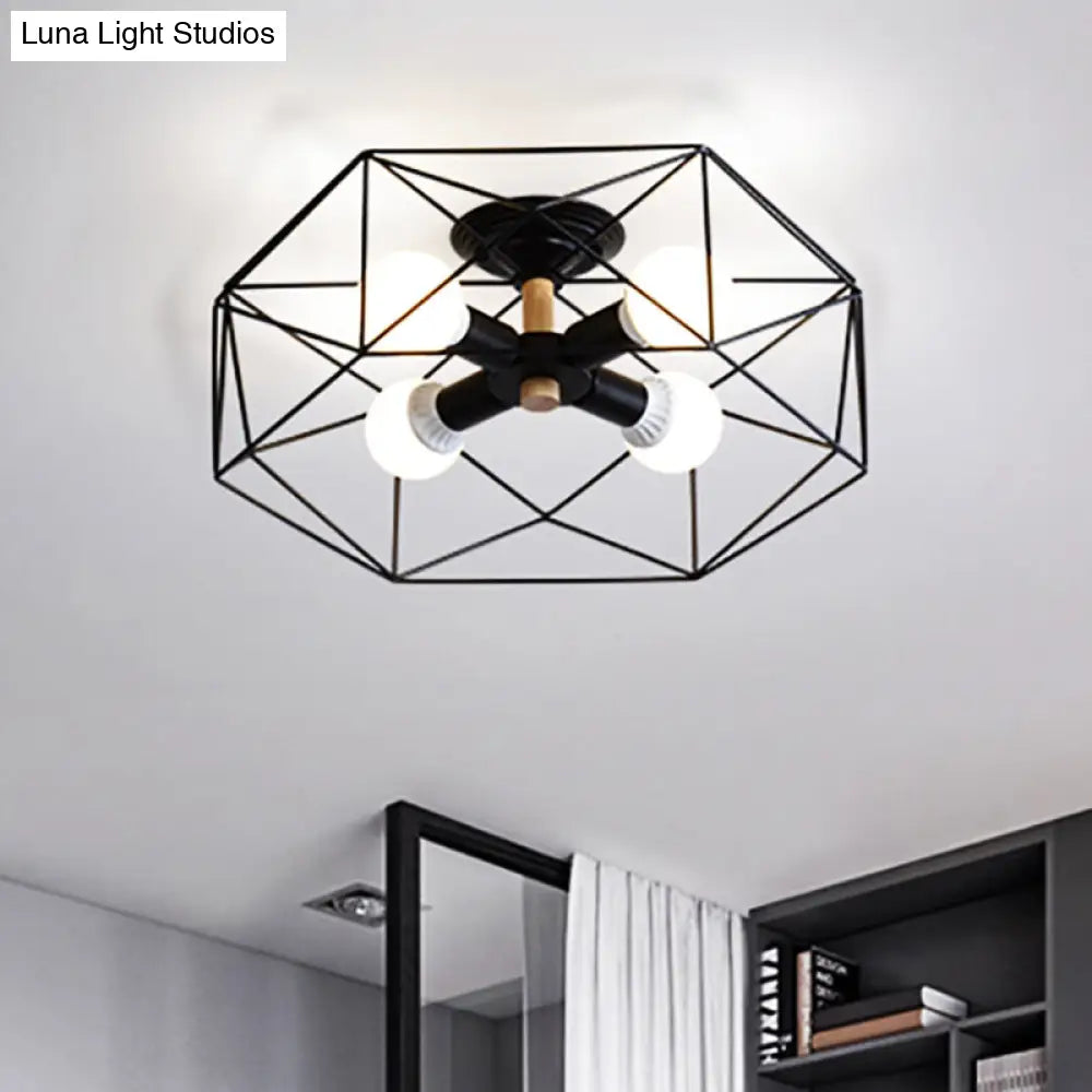 DecorBites™ Caged Opal Glass Semi Mount Industrial Ceiling Light in Black/White - 3/4/5 Bulb Living Room Lighting